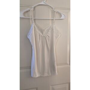 Vintage Y2K White Ribbed Tank Top Lace Trim & Adjustable Straps, SM, Boho Artsy